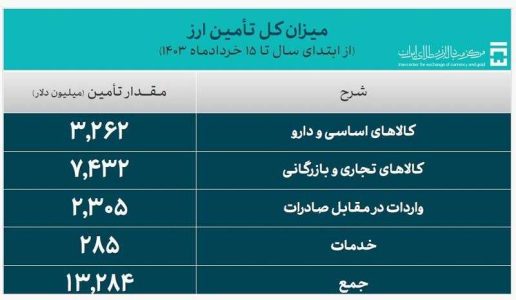 تامین ارز نیازهای وارداتی کشور از ۱۳ میلیارد دلار گذشت